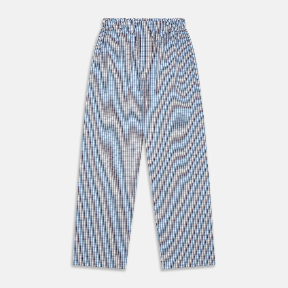 The Blue and White Check Cotton Hastings Pyjama Trousers by Turnbull & Asser feature an elasticated drawstring waist and a relaxed, straight-leg contemporary fit, shown against a white background for comfortable lounging.