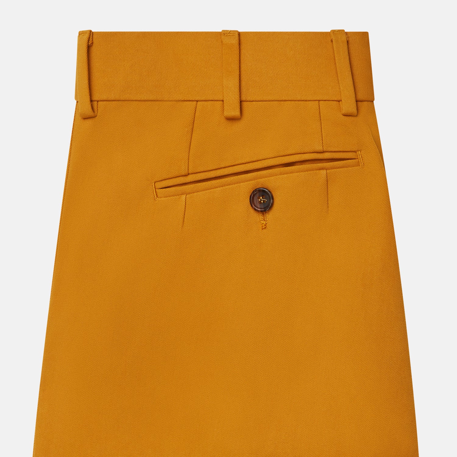 View 5 of product Turnbull & Asser Yellow James Trouser, made from Italian cotton with a matching belt, front crease, and straight fit cut, shown against a white background.