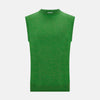 View 1 of product The Turnbull & Asser Grass Green Cashmere Round Neck Vest is a sleeveless knit with ribbed edges, shown here against a plain white background.