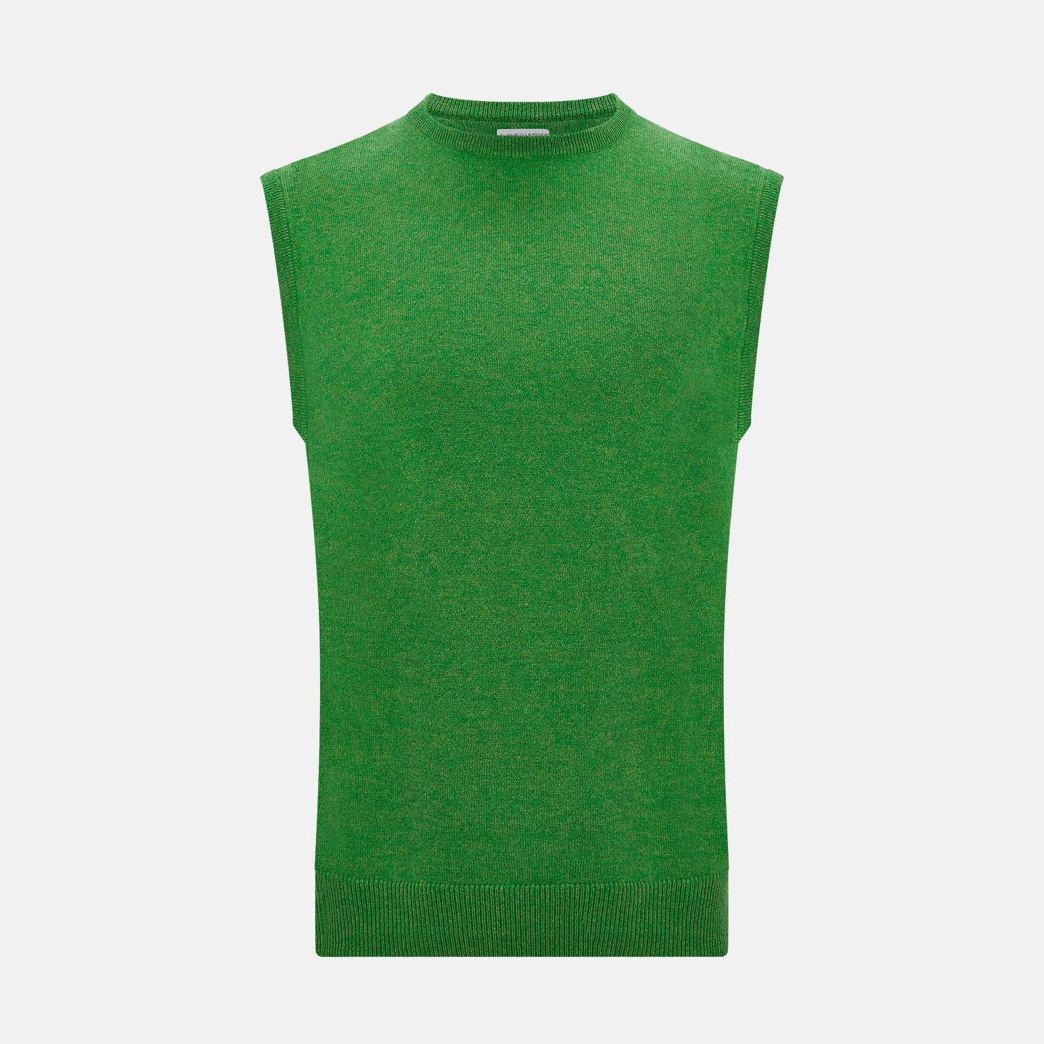 View 1 of product The Turnbull & Asser Grass Green Cashmere Round Neck Vest is a sleeveless knit with ribbed edges, shown here against a plain white background.