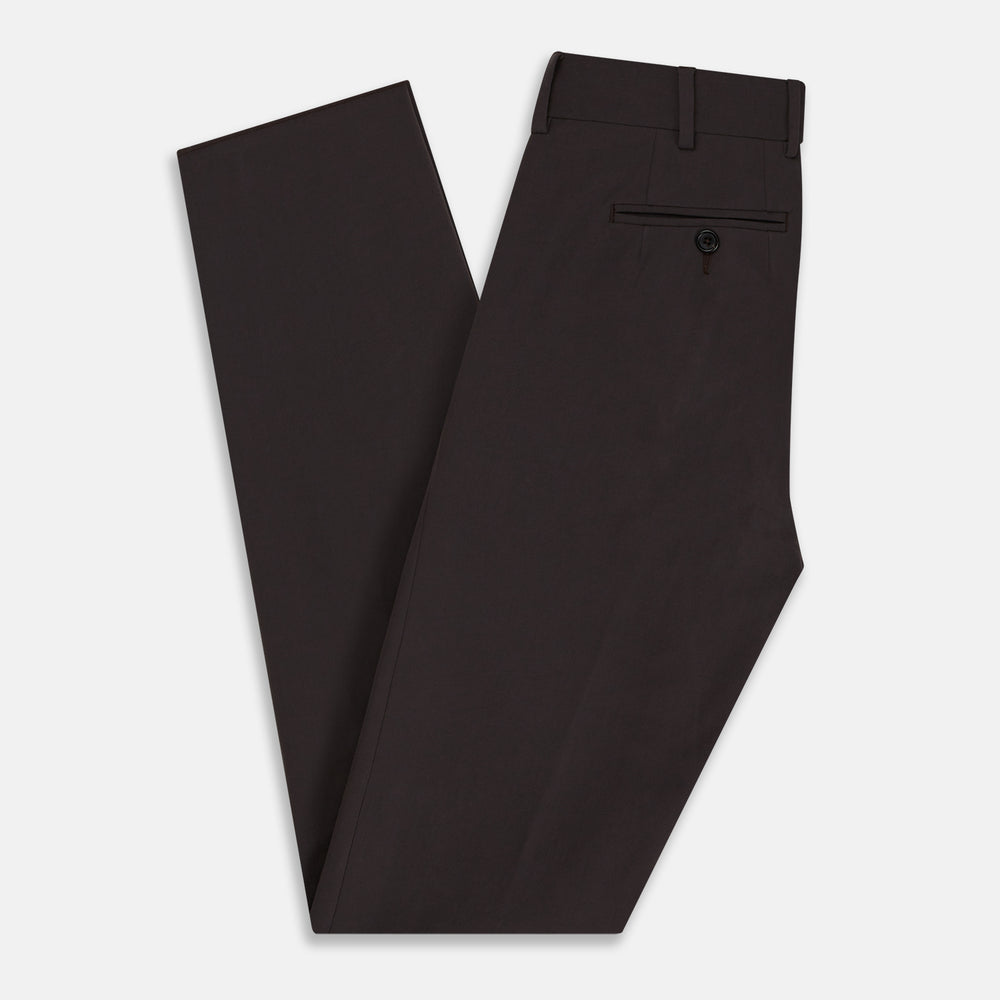 The Turnbull & Asser Brown James Trouser in a straight fit features Italian cotton, belt loops, side pockets, and a front zipper with button closure, displayed on a plain white background.