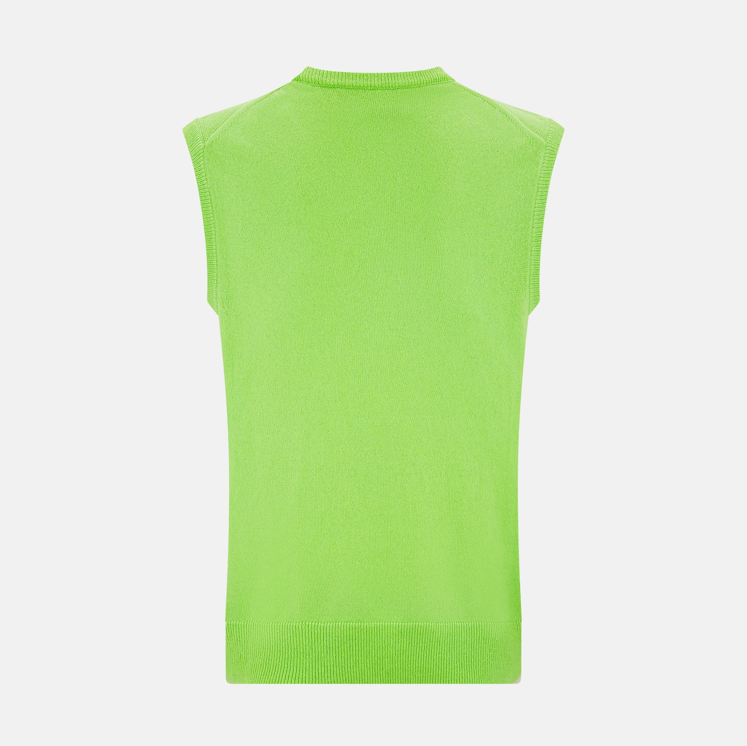 View 3 of product The Turnbull & Asser Lime Green V-neck Cashmere Vest features a sleeveless design and ribbed edges, shown against a plain white background.