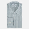 View 5 of product The GREEN DOUBLE STRIPE WESTMINSTER SHIRT by Turnbull & Asser features green and white vertical stripes, a pointed collar, buttoned cuffs, and a relaxed fit that highlights refined British craftsmanship.