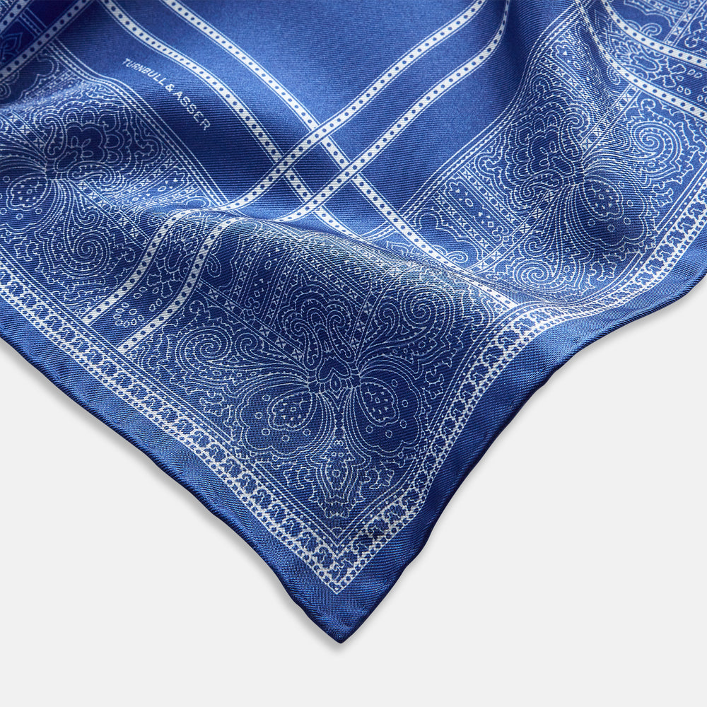 Avio Blue Paisley Bandana Patterned Silk Pocket Square