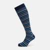 View 1 of product Turnbull & Asser's Azzurro Striped Merino Wool Long Socks feature horizontal stripes in blue, navy, and gray—ideal over-the-calf socks for everyday style.