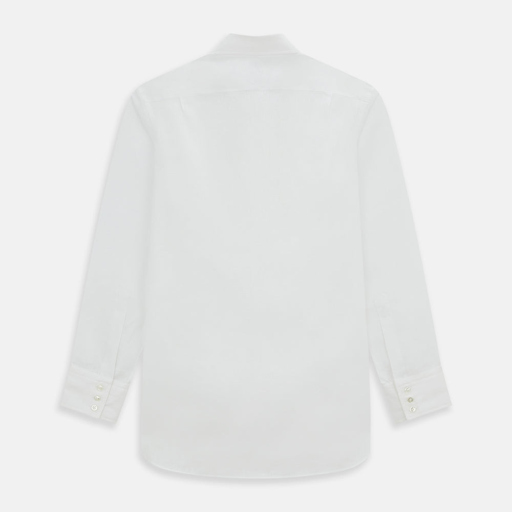The Turnbull & Asser White Linen Mayfair Shirt features long sleeves and a classic collar, shown on a flat white background.