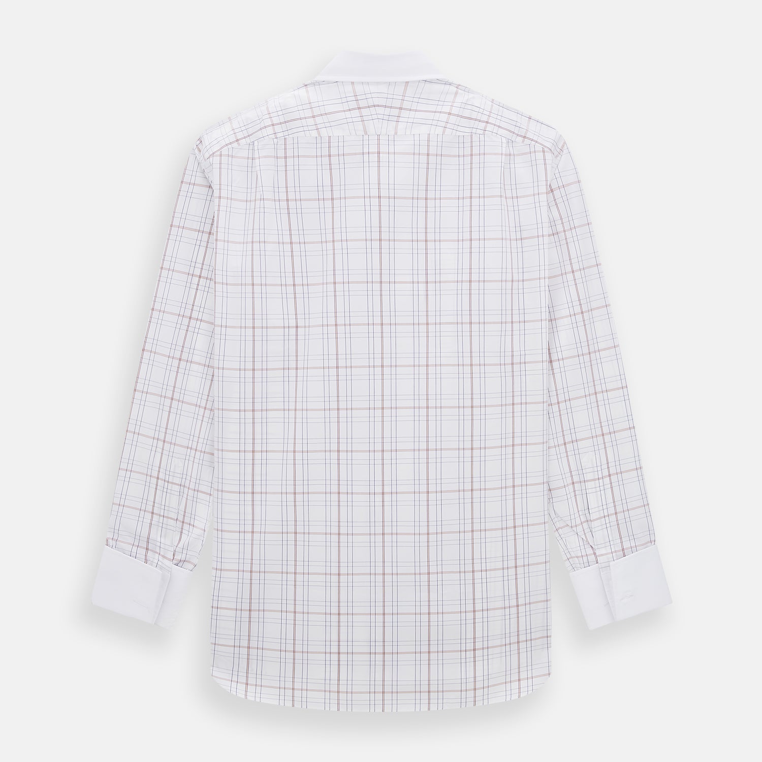 View 12 of product The Turnbull & Asser Purple Multi Plaid Check Shirt features a spread collar, double cuffs, and a fitted silhouette. Its bold plaid pattern and contrast collar add a modern touch to classic British style. Displayed on a plain white background.