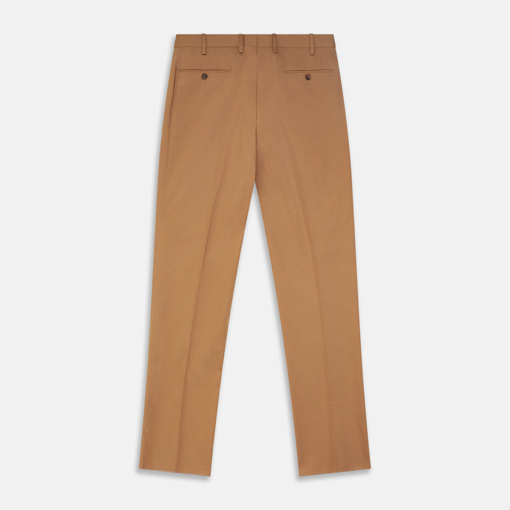 The Camel Front Pleated Manson Trouser by Turnbull & Asser, tailored in Italy with belt loops, front crease, side pockets, and a button closure, is shown laid flat on a white background.