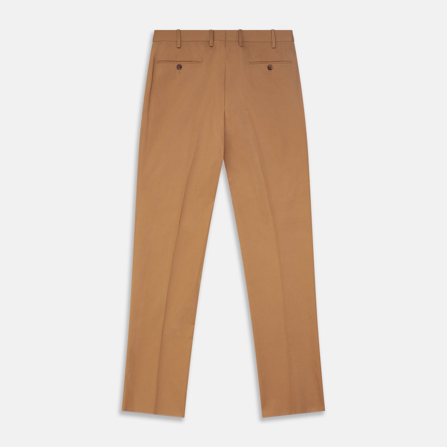 View 3 of product The Camel Front Pleated Manson Trouser by Turnbull & Asser, tailored in Italy with belt loops, front crease, side pockets, and a button closure, is shown laid flat on a white background.