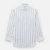 View 1 of product A Burgundy Track Stripe Mayfair Shirt by Turnbull & Asser, featuring long sleeves, vertical stripes, a classic collar, and crafted from premium Italian cotton, is displayed flat on a light background.