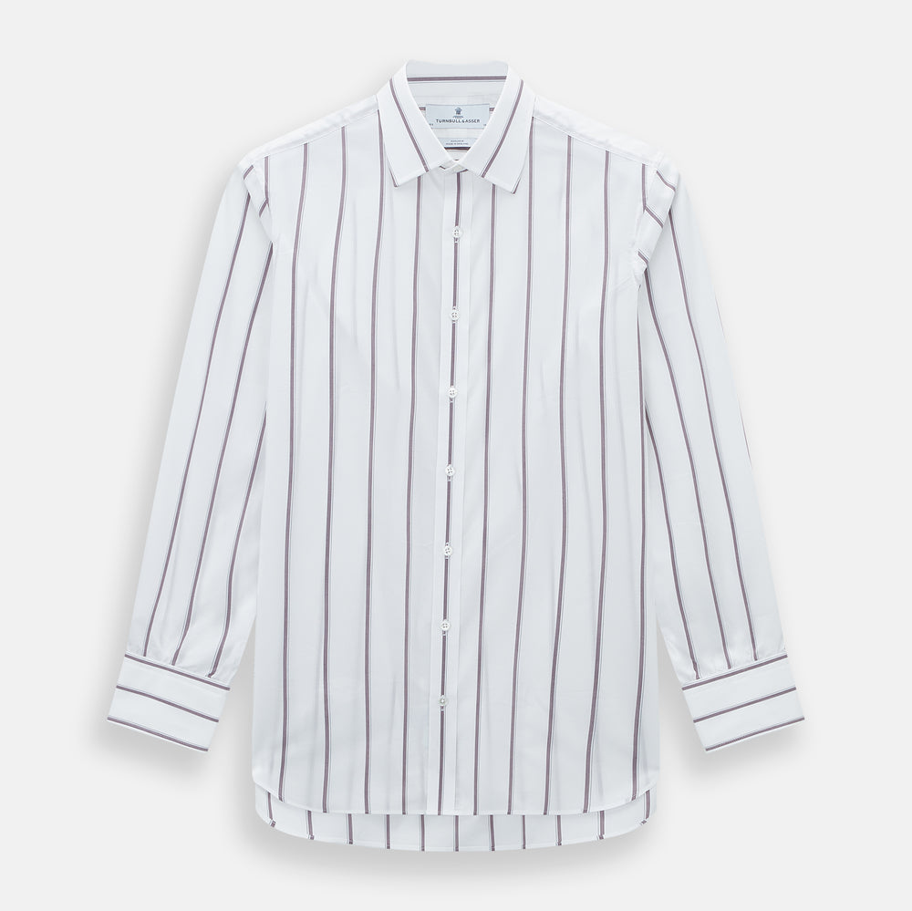 A Burgundy Track Stripe Mayfair Shirt by Turnbull & Asser, featuring long sleeves, vertical stripes, a classic collar, and crafted from premium Italian cotton, is displayed flat on a light background.