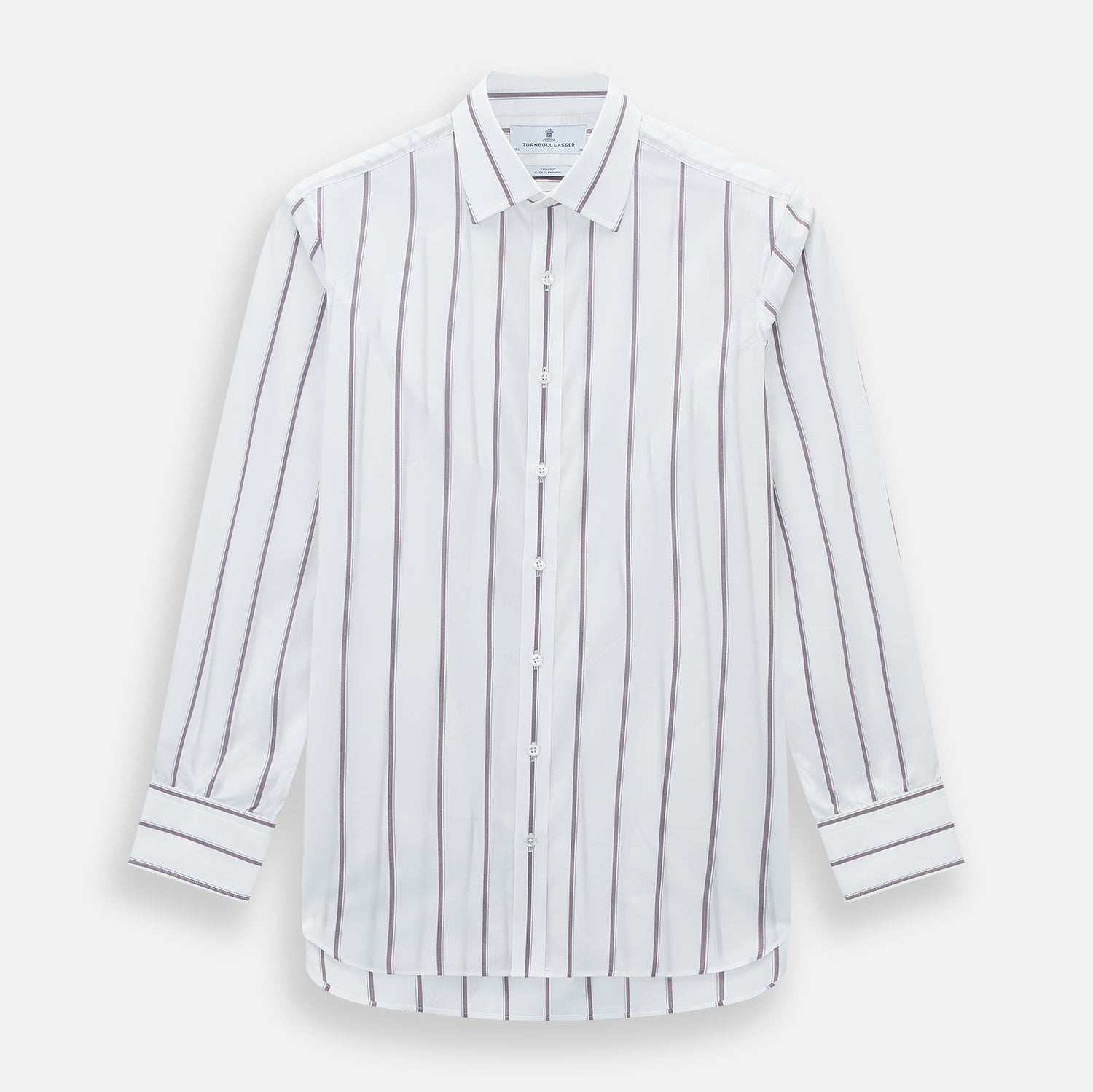 View 1 of product A Burgundy Track Stripe Mayfair Shirt by Turnbull & Asser, featuring long sleeves, vertical stripes, a classic collar, and crafted from premium Italian cotton, is displayed flat on a light background.