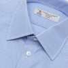 View 2 of product The Turnbull & Asser Blue Fine Bengal Stripe Shirt features a classic T&A collar, 3-button cuffs, and white buttons, crafted from fine cotton and displayed against a crisp white background.
