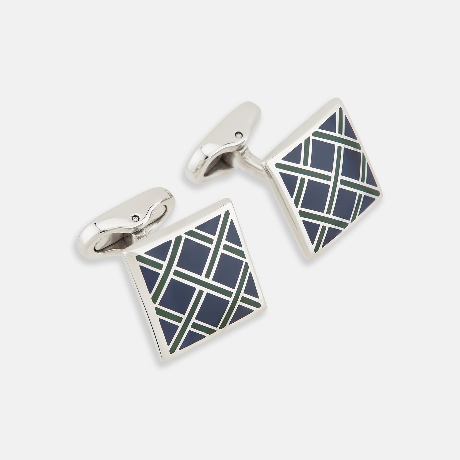 View 1 of product The Blue Grid Square Cufflinks by Turnbull & Asser feature a geometric square sterling silver design with intersecting navy, black, and white lines, showcased on a white background.