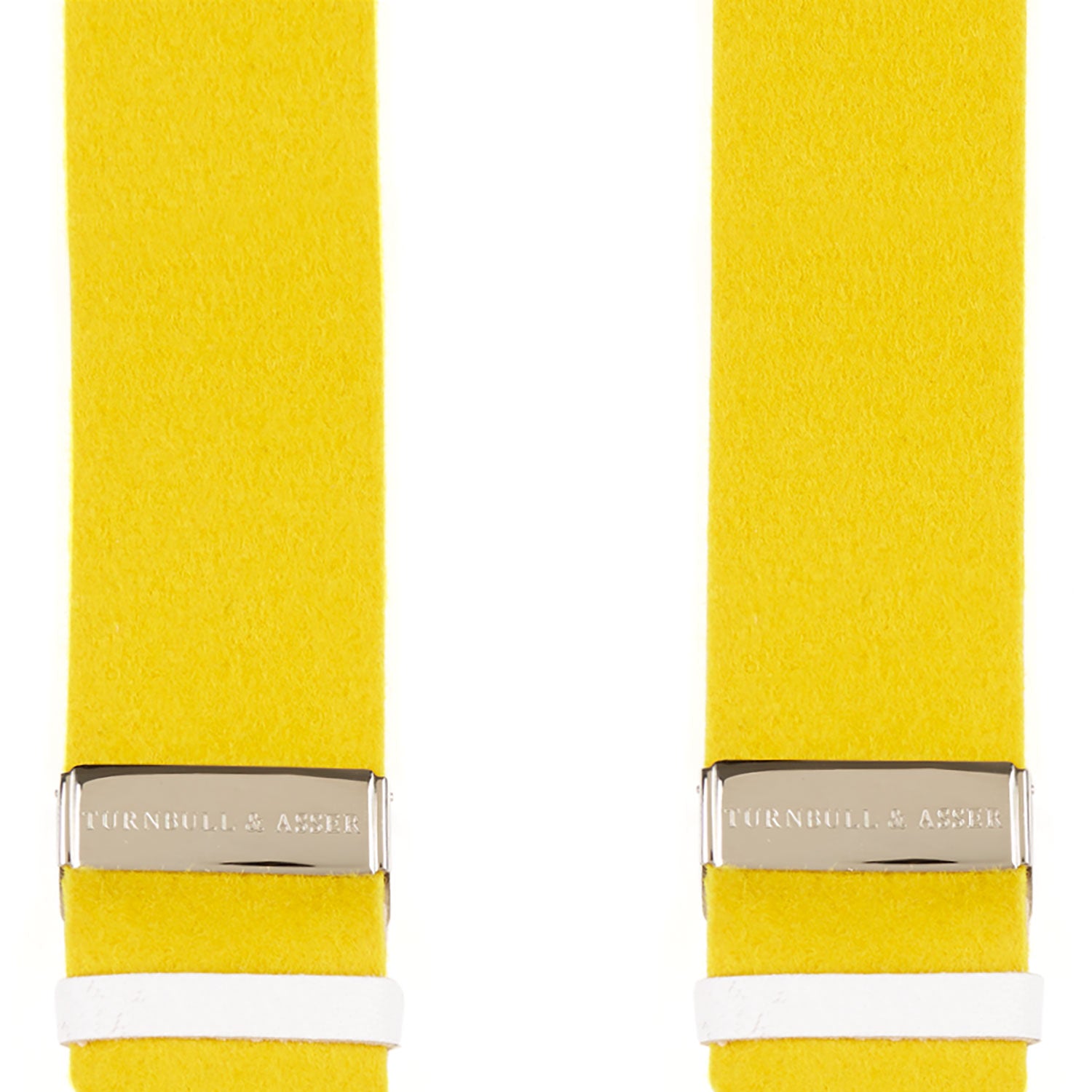 View 5 of product The Turnbull & Asser Golden Adjustable Felt Braces feature yellow elastic, silver metal clips, and white leather loops, evoking classic English style. Shown against a white backdrop.