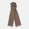 View 1 of product The Turnbull & Asser Camel and Grey Melange Cashmere Scarf features ultra-soft cashmere in a subtle plaid, looped with short fringe edges, shown against a plain white background.