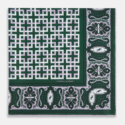 Forest Green Square-Patterned and Paisley Patterned Silk Pocket Square Image 7