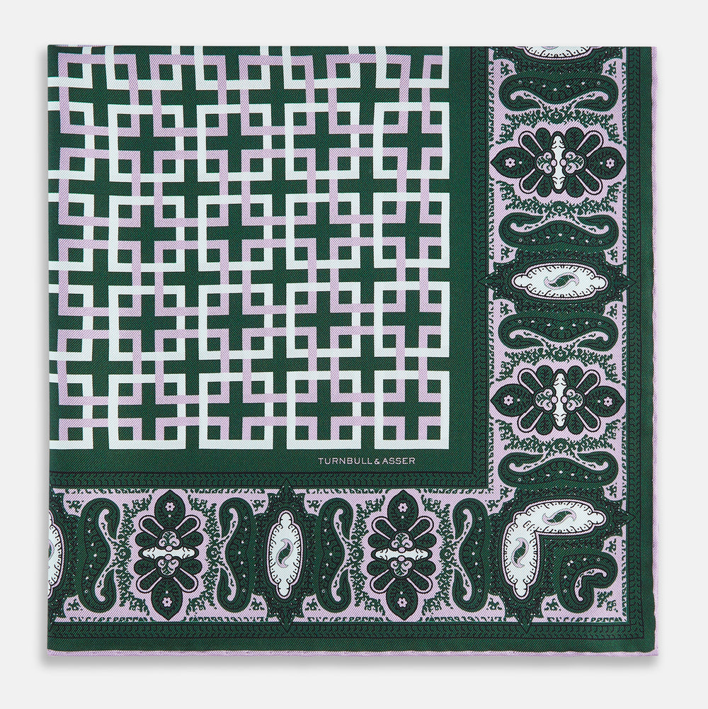 Forest Green Square-Patterned and Paisley Patterned Silk Pocket Square