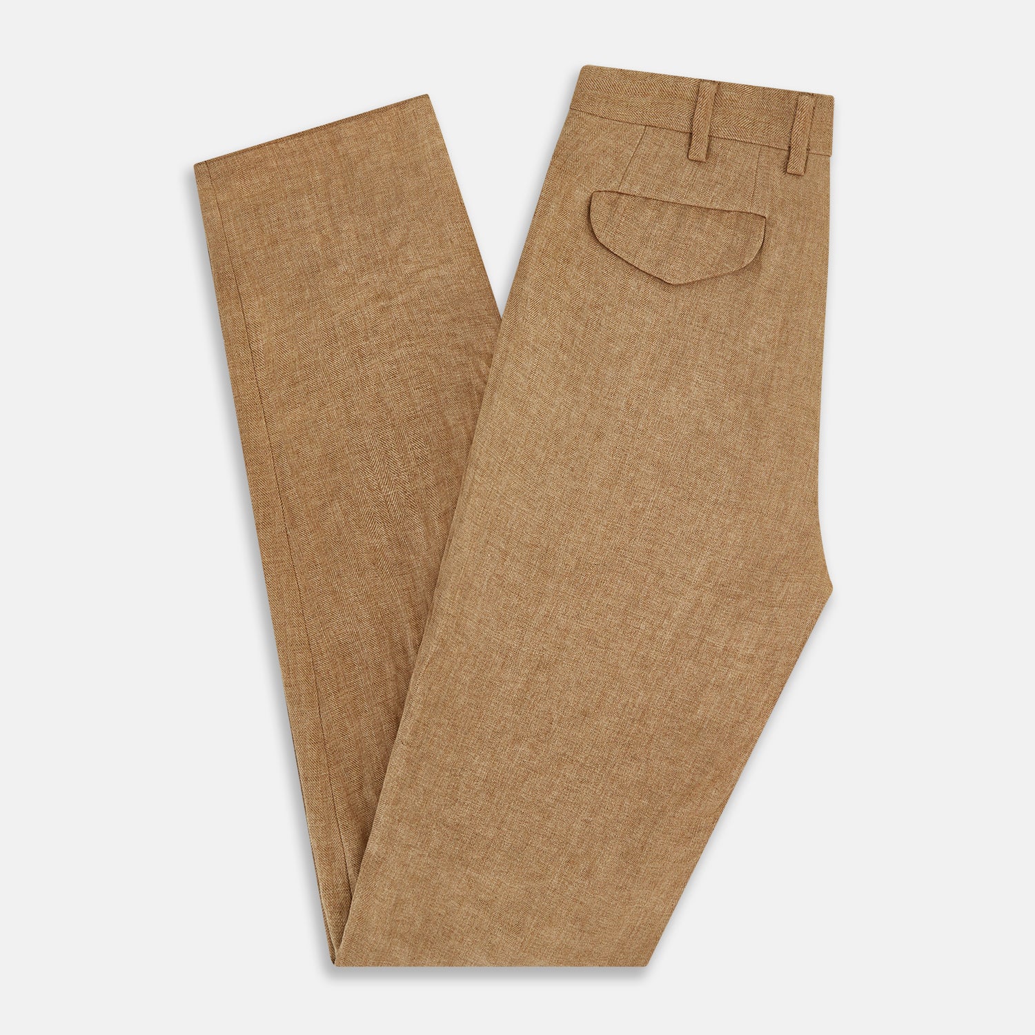 View 6 of product The Turnbull & Asser Camel Striped Linen Edmund trousers feature a straight-leg fit, button and zipper closure, belt loops, and pockets, crafted from lightweight summer fabric and shown against a white background.
