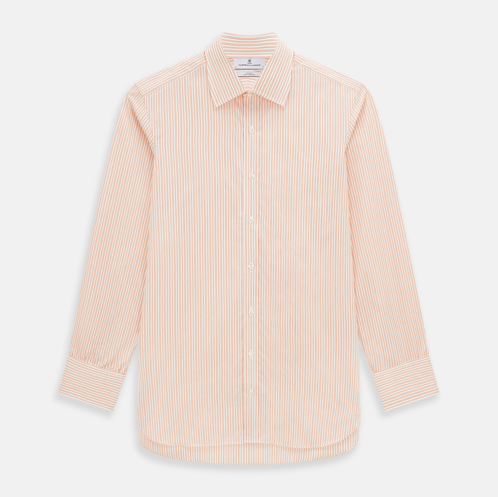 The Turnbull & Asser Orange Ticking Stripe Mayfair Shirt features thin vertical stripes, a classic T&A collar, and buttoned cuffs, shown on a plain white background.
