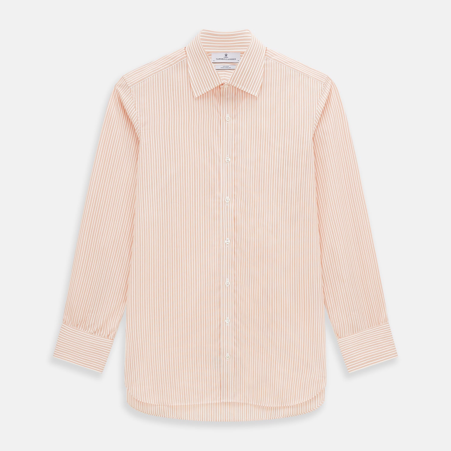 View 1 of product The Turnbull & Asser Orange Ticking Stripe Mayfair Shirt features thin vertical stripes, a classic T&A collar, and buttoned cuffs, shown on a plain white background.