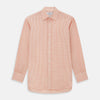 View 1 of product The Turnbull & Asser Orange Micro Check Mayfair Shirt, a long-sleeve button-up with a classic T&A collar and white-orange micro check pattern, is shown neatly laid flat on a white background.