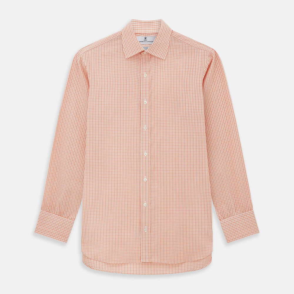The Turnbull & Asser Orange Micro Check Mayfair Shirt, a long-sleeve button-up with a classic T&A collar and white-orange micro check pattern, is shown neatly laid flat on a white background.
