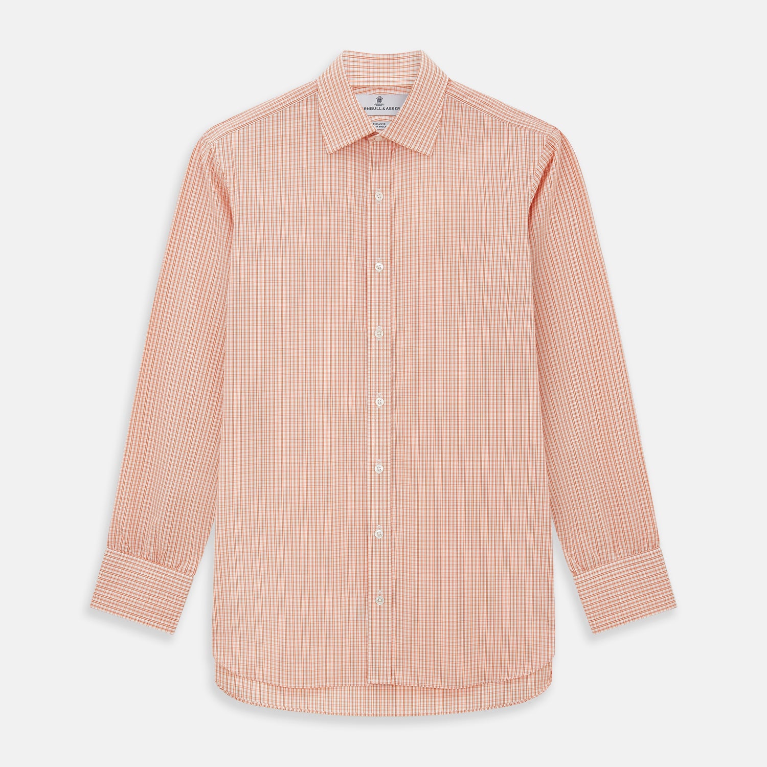 View 1 of product The Turnbull & Asser Orange Micro Check Mayfair Shirt, a long-sleeve button-up with a classic T&A collar and white-orange micro check pattern, is shown neatly laid flat on a white background.