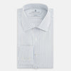 View 5 of product The Turnbull & Asser Sky Blue Combination Stripe Mayfair Shirt features long sleeves, a T&A collar, buttoned cuffs, and thin vertical stripes in blue, shown on a plain white background.
