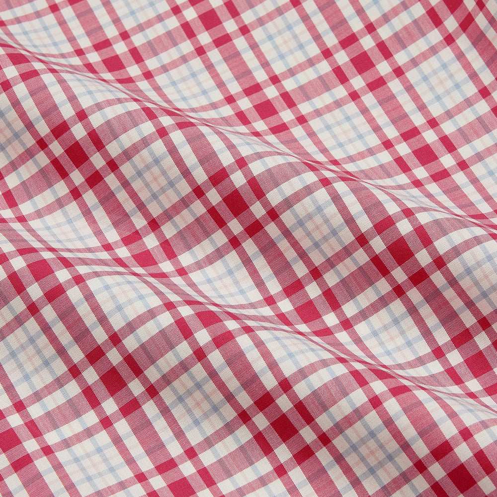 The Turnbull & Asser Red Check Cotton Weekend Fit Finch Shirt is a men's long-sleeved, button-up shirt with a Derby collar and red-and-white plaid pattern, displayed flat on a white background.