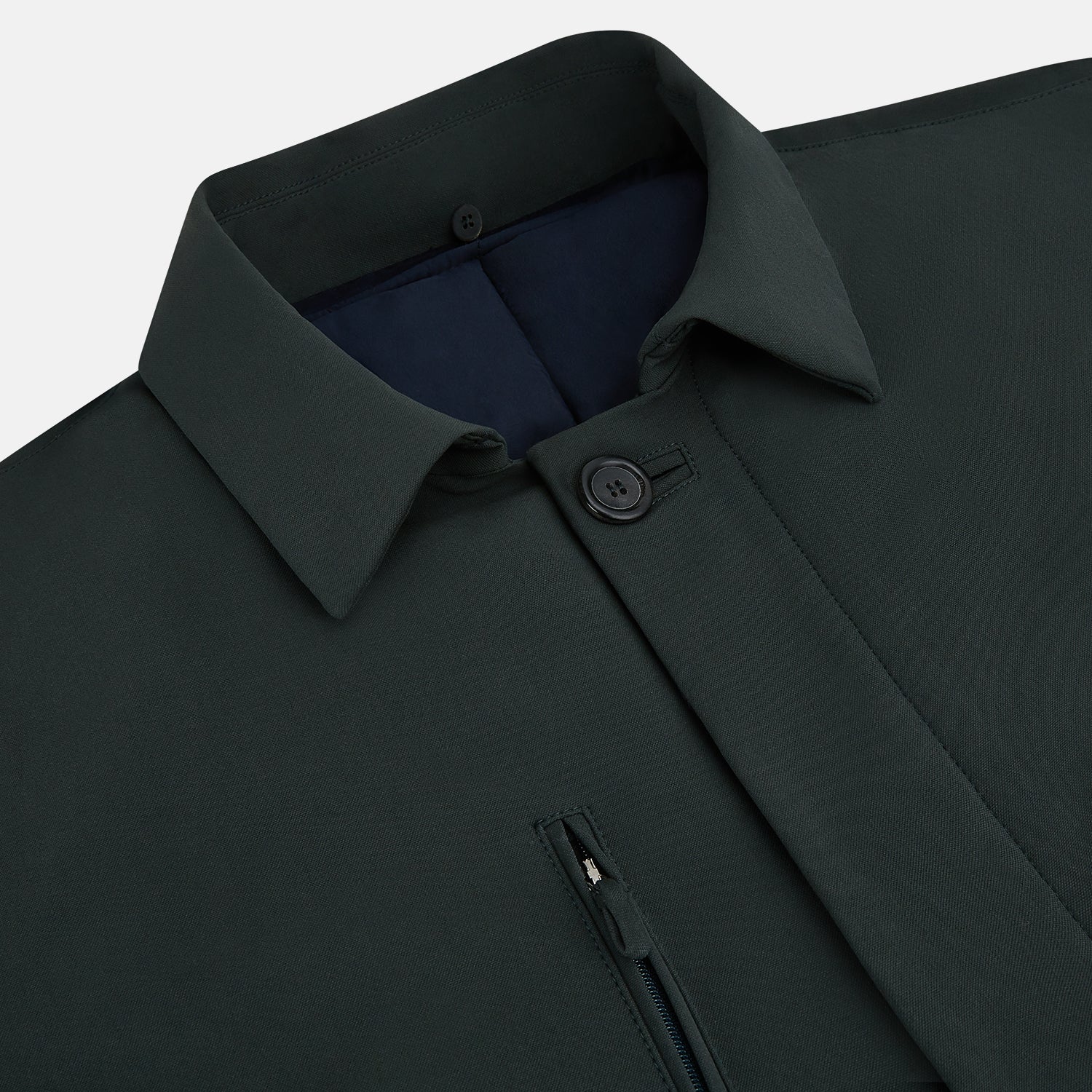 View 2 of product A Forest Green John Arthur Trench Coat by Turnbull & Asser, knee-length with a single-breasted button closure, three zippered pockets, and buttoned cuffs, is laid flat on a white background.