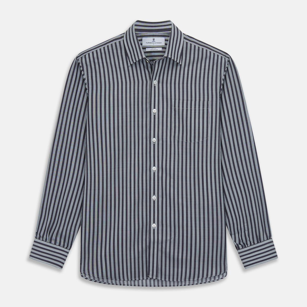 Navy Multi Stripe Weekend Fit Wool Shirt with Derby Collar and 1 Button Cuffs