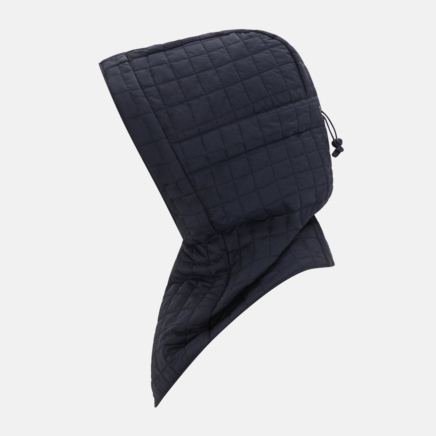 Image 3 of product The Turnbull & Asser Navy Quilted Hood with Neck Warmer features diamond pattern stitching, a structured hood, overlapping collar, and button closure, shown on a plain white background.