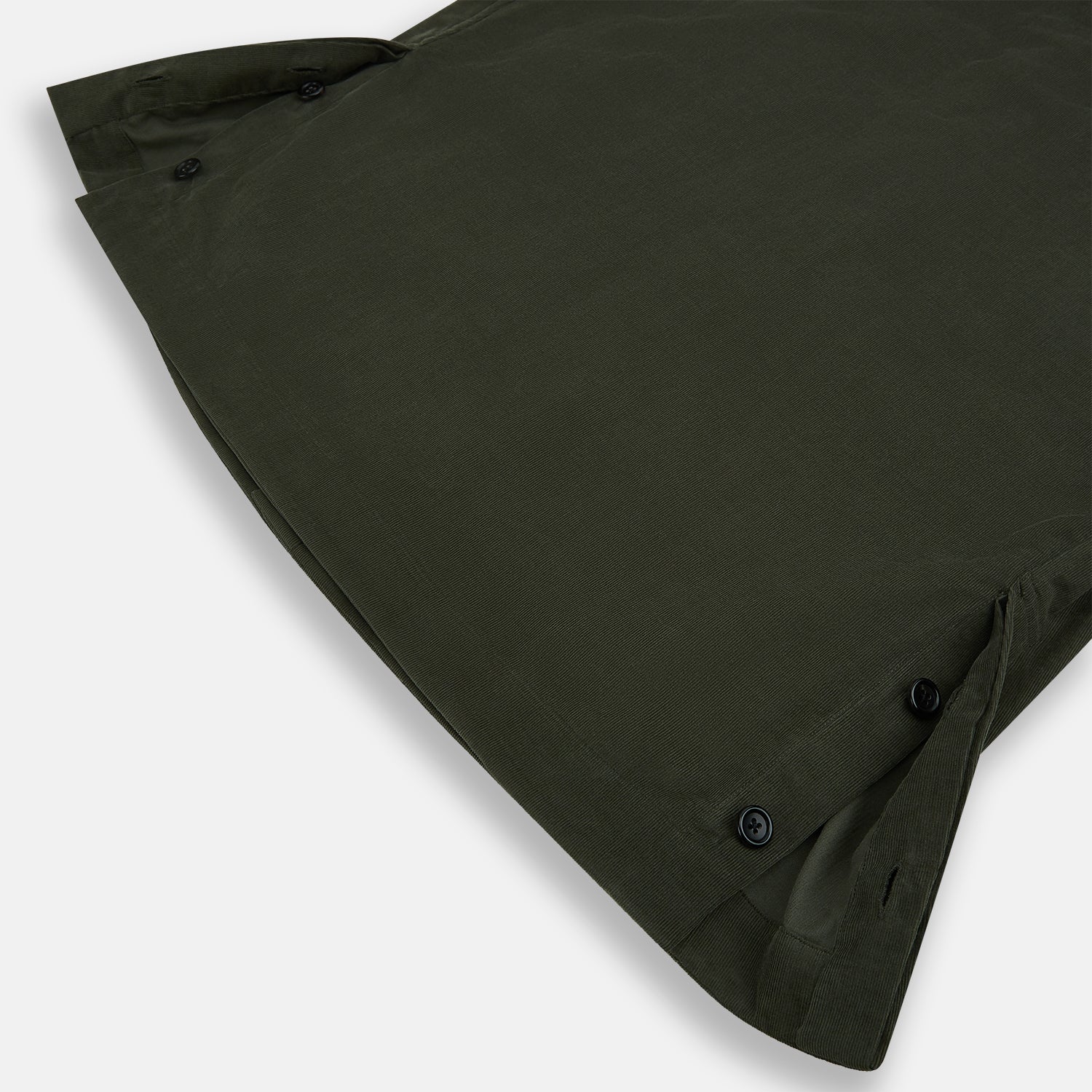 View 5 of product The Turnbull & Asser Olive Corduroy Hampstead Overshirt for men features a collar, long sleeves, left chest pocket, and two zippered side pockets, shown laid flat on a white background.
