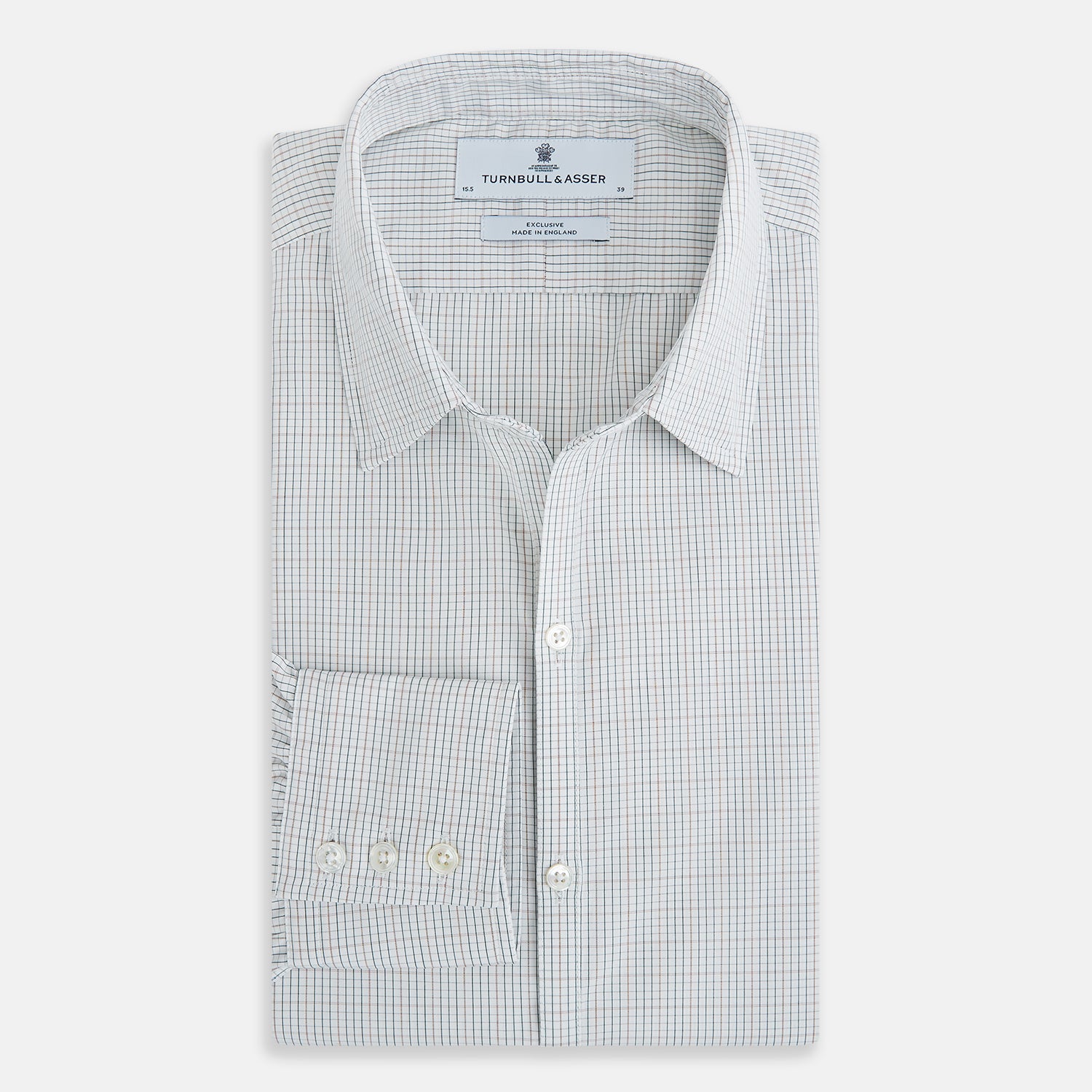 View 5 of product Turnbull & Asser's Forest Melange and Red Micro Check Windsor Shirt features a subtle check pattern, pointed collar, and white buttons—showcasing refined British craftsmanship.