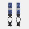 View 1 of product Two Jacquard Silk Paisley Braces by Turnbull & Asser, featuring a blue paisley pattern with black leather ends and silver hardware, displayed side by side on a white background.