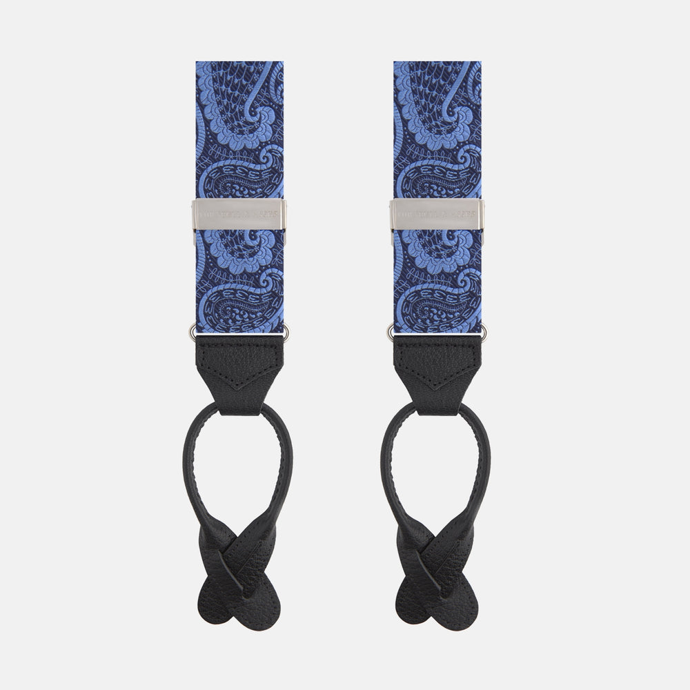 Two Jacquard Silk Paisley Braces by Turnbull & Asser, featuring a blue paisley pattern with black leather ends and silver hardware, displayed side by side on a white background.