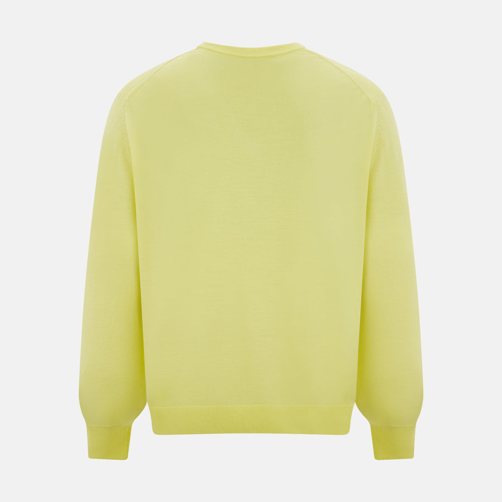 The Turnbull & Asser Bright Yellow Cashmere V-neck Jumper, a plain long-sleeved knitwear sweater, is showcased against a white background.