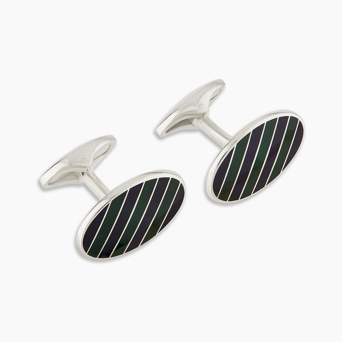Forest Green and Navy Striped Oval Enamel Cufflinks Image 3