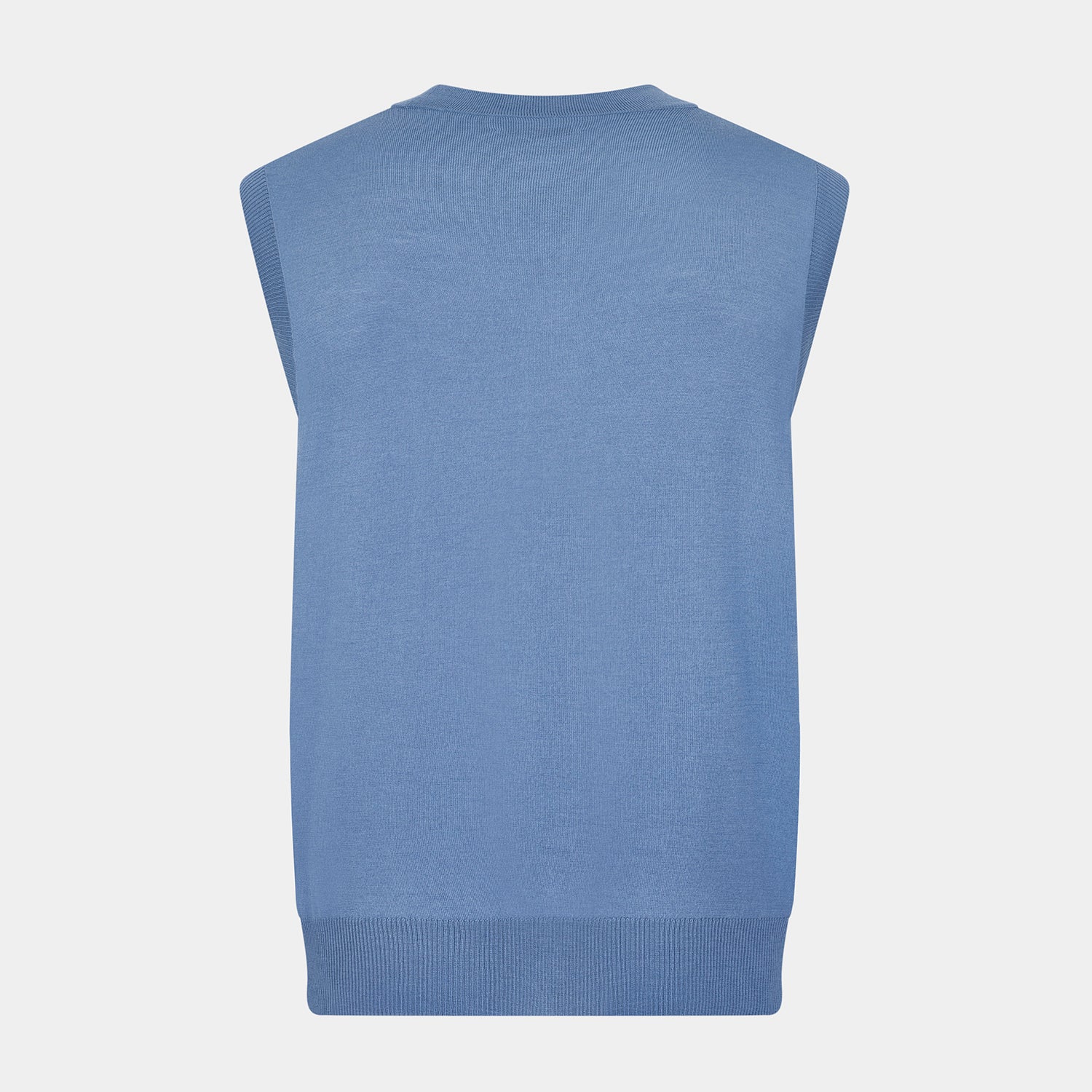 View 3 of product Turnbull & Asser’s Pale Blue Merino V-neck Sleeveless Cardigan features a button-up front, two pockets, and ribbed hem—a classic gentleman’s piece shown on a plain white background.