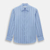 View 1 of product The Sky Blue Track Stripe Westminster Shirt by Turnbull & Asser features long sleeves, a Turnbull collar, and vertical dark blue and white stripes, displayed flat on a white surface.