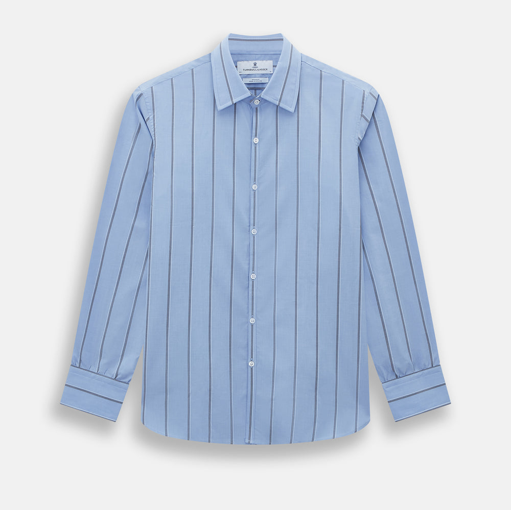 The Sky Blue Track Stripe Westminster Shirt by Turnbull & Asser features long sleeves, a Turnbull collar, and vertical dark blue and white stripes, displayed flat on a white surface.