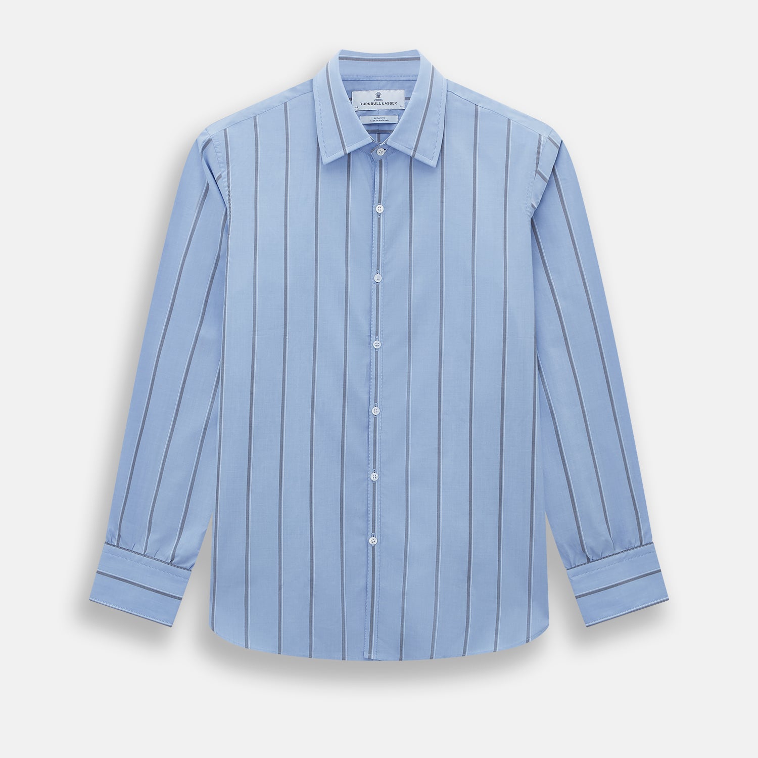 View 1 of product The Sky Blue Track Stripe Westminster Shirt by Turnbull & Asser features long sleeves, a Turnbull collar, and vertical dark blue and white stripes, displayed flat on a white surface.