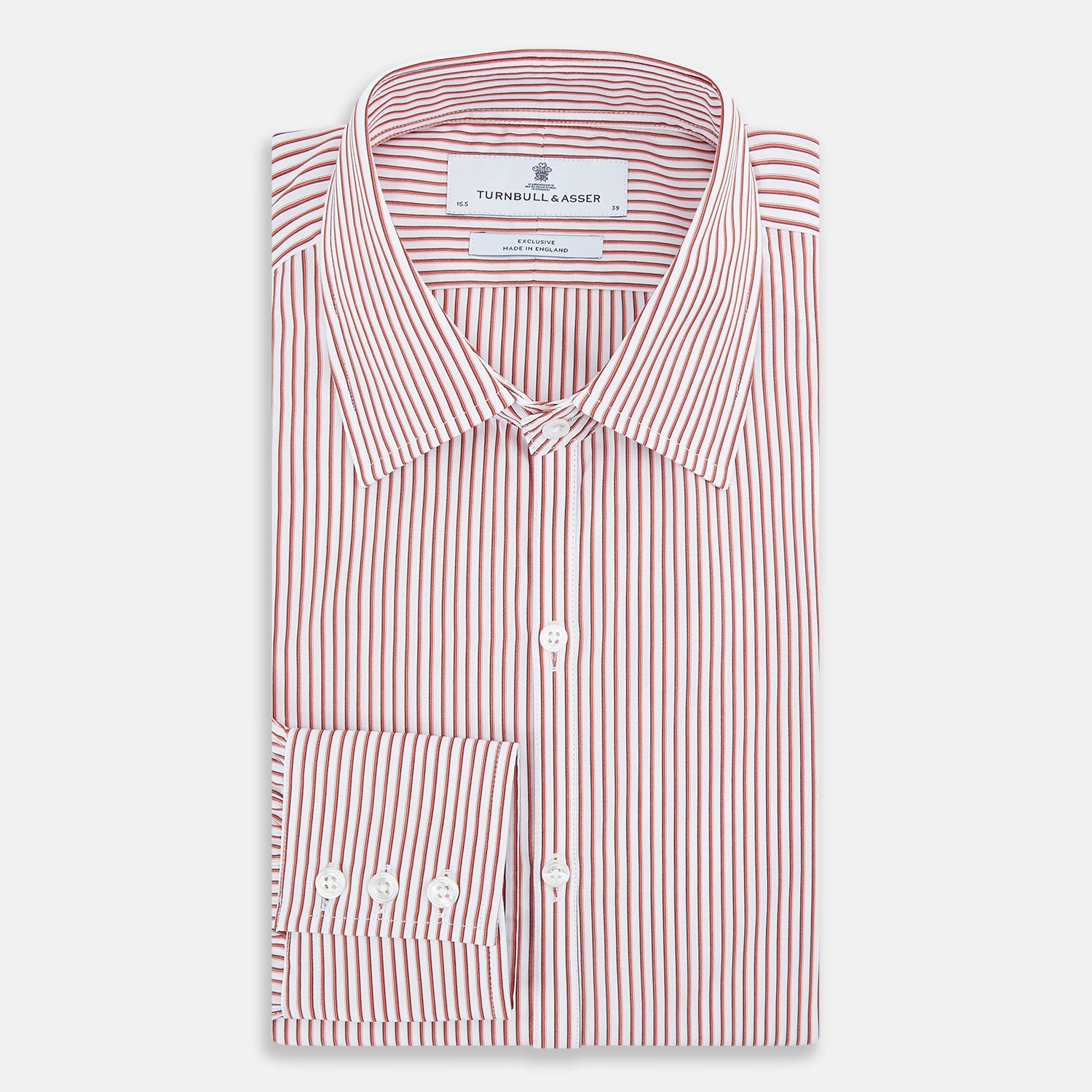 Image 5 of product The Red Shadow Stripe Westminster Shirt by Turnbull & Asser features long sleeves, a Turnbull collar, thin red and white vertical stripes, white buttons, and showcases British craftsmanship against a plain white background.
