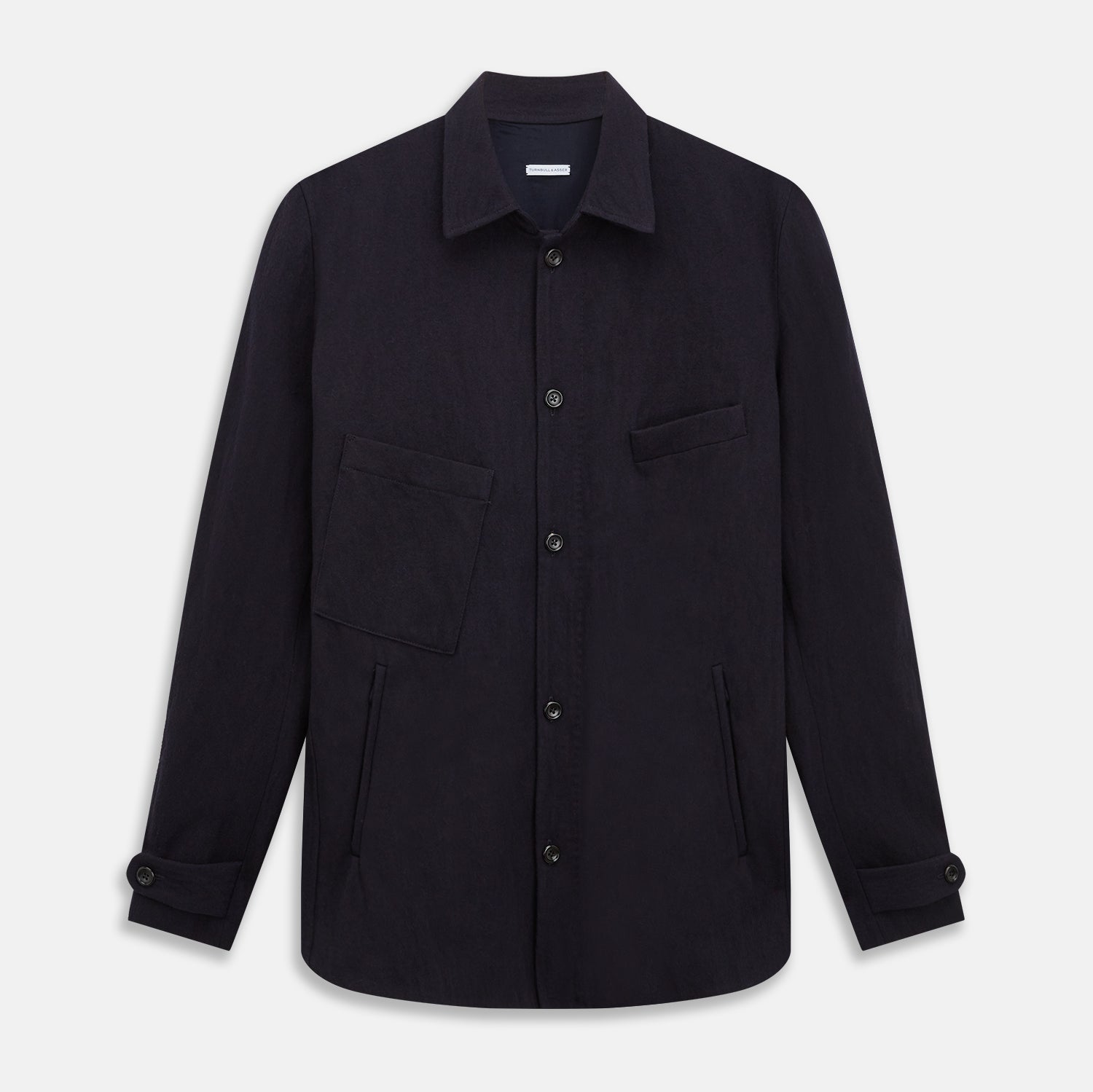 View 1 of product A navy button-up Primrose overshirt by Turnbull & Asser with a classic collar, two side pockets, a left chest pocket, and buttoned cuffs—an ideal blazer alternative, shown on a plain white background.
