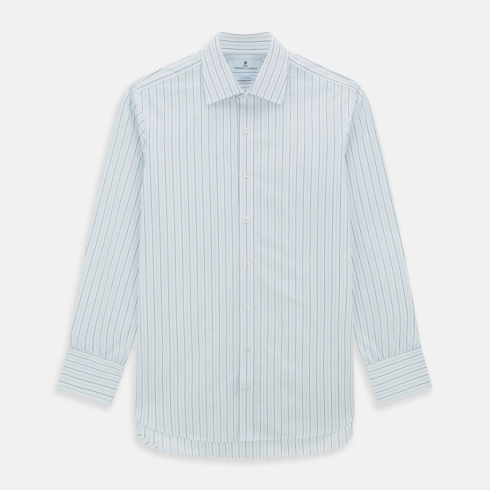 The Turnbull & Asser Blue Wide Pinstripe Mayfair Shirt is a long-sleeved, collared, button-down style crafted from organic cotton, featuring wide blue pinstripes on a white background.