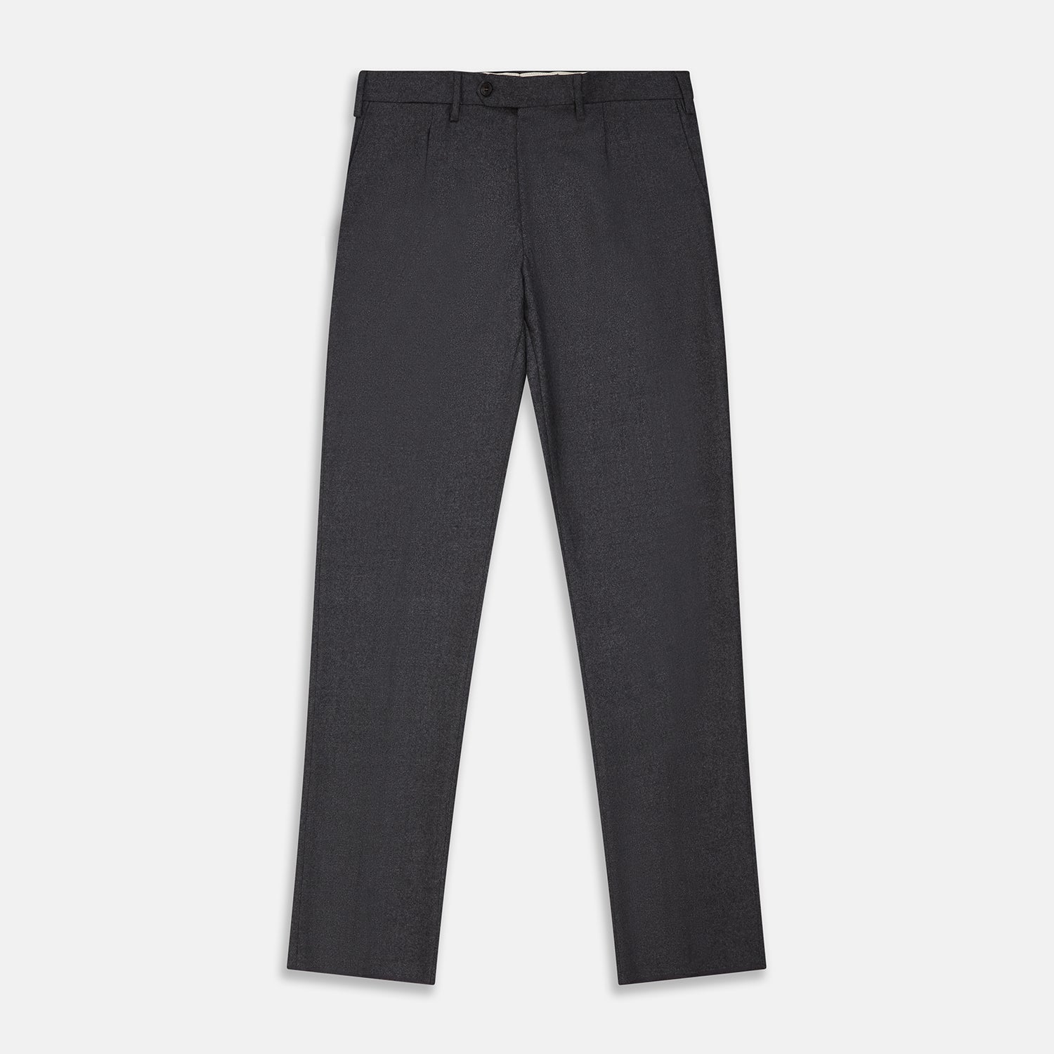 View 1 of product Turnbull & Asser Charcoal Wool Single Pleated Gerry Trousers shown on a white background, featuring a button and zipper closure, belt loops, and straight legs.