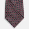 View 3 of product The Turnbull & Asser Burgundy and Navy Weave-Patterned Printed Silk Tie features an intricate geometric design, shown rolled on a plain white background.