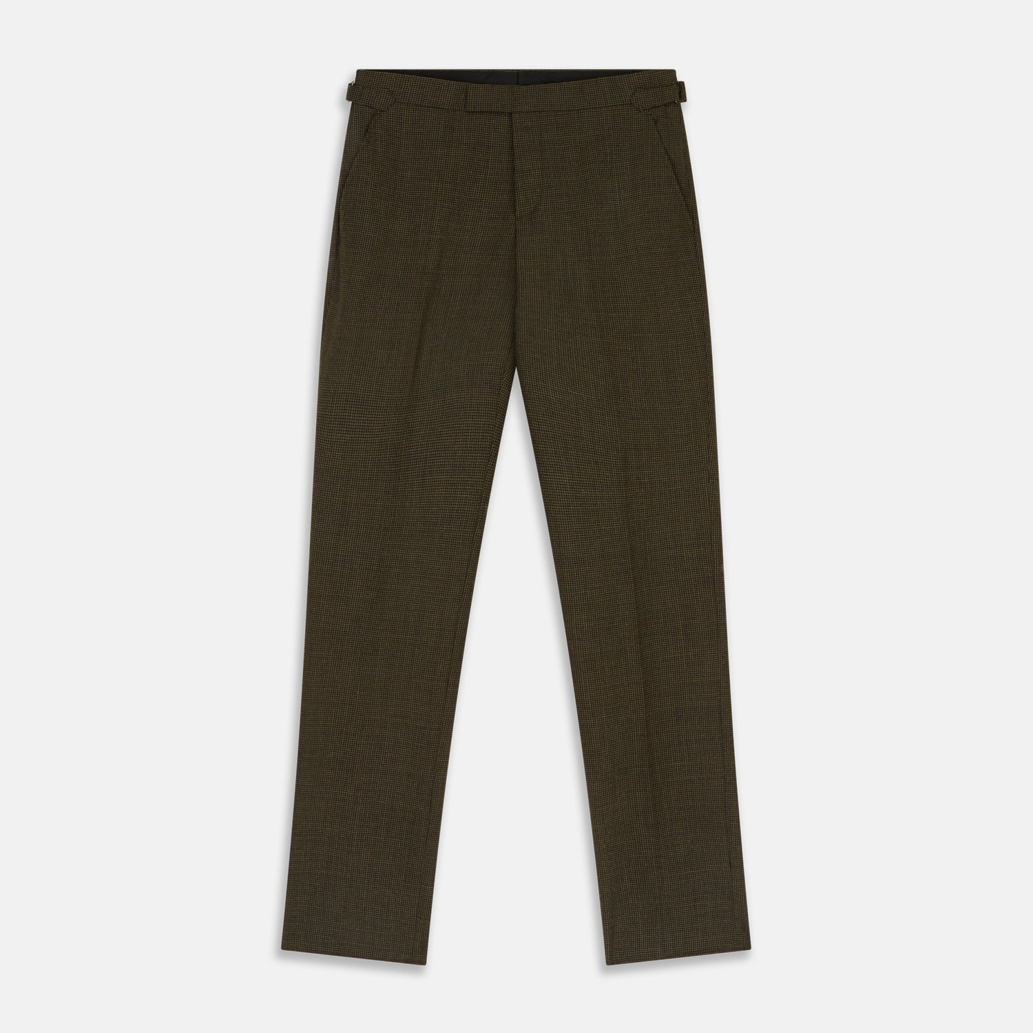 View 1 of product The Brown Puppytooth Wool Jonathan Trousers by Turnbull & Asser are straight-leg tailored trousers with belt loops, side pockets, and a front crease, shown on a white background.