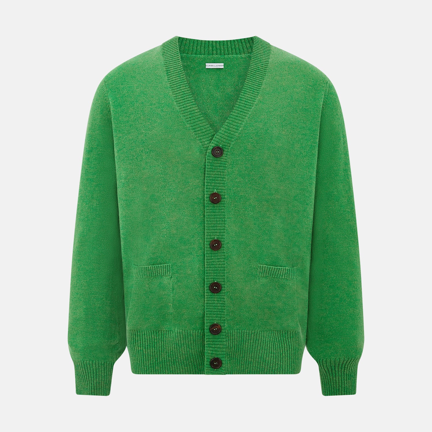 View 1 of product The Turnbull & Asser Lime Green Cashmere Cardigan features a V-neck, long sleeves, ribbed cuffs and hem, button-down front, and two front pockets—an essential knitwear piece shown against a plain white background.